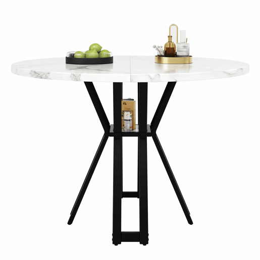Conjunto de sala de jantar de 5 peças - Mesa redonda de 100 cm, pernas pretas, tampo em mármore branco, cadeiras em veludo cinzento - Multicolorido