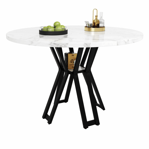 Conjunto de sala de jantar de 5 peças - Mesa redonda de 100 cm, pernas pretas, tampo em mármore branco, cadeiras em veludo cinzento - Multicolorido