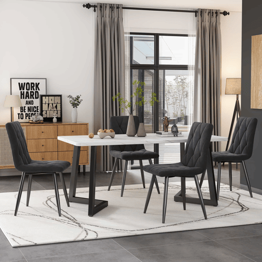 Conjunto de sala de jantar 117x68cm - Mesa retangular moderna com 4 cadeiras, veludo cinzento, pernas pretas