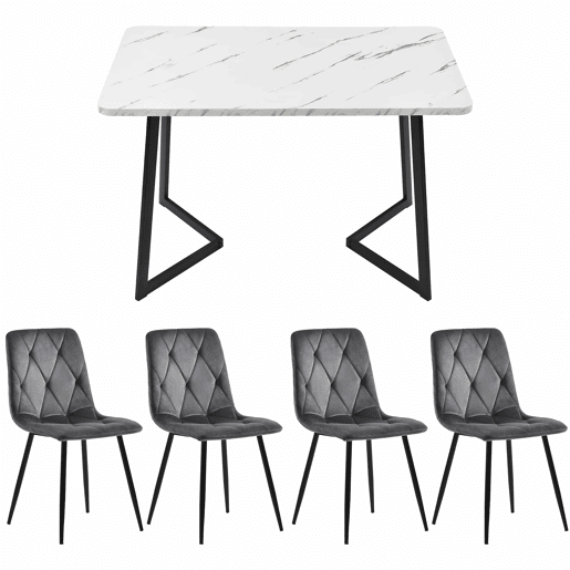 Conjunto de sala de jantar 117x68cm - Mesa retangular moderna com 4 cadeiras, veludo cinzento, pernas pretas
