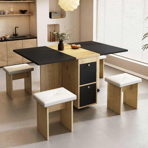 Conjunto de mesa de jantar 120x80x75 - Mesa extensível, 4 cadeiras, multifuncional - Branco + Preto