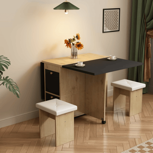 Conjunto de mesa de jantar 120x80x75 - Mesa extensível, 4 cadeiras, multifuncional - Branco + Preto