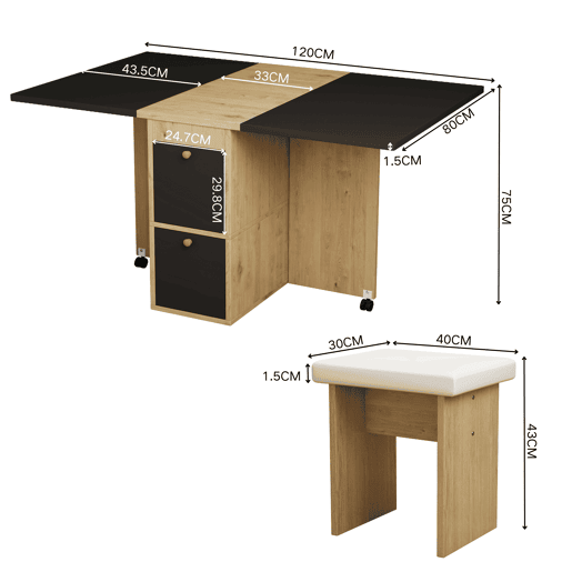 Conjunto de mesa de jantar 120x80x75 - Mesa extensível, 4 cadeiras, multifuncional - Branco + Preto
