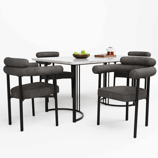 Conjunto de sala de jantar de 5 peças - Mesa com pernas de metal - Cadeiras de veludo cinzento - Cinza escuro, Branco