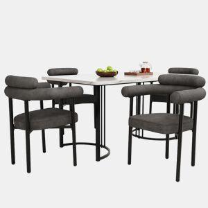 Conjunto de sala de jantar de 5 peças - Mesa com pernas de metal - Cadeiras de veludo cinzento - Cinza escuro, Branco