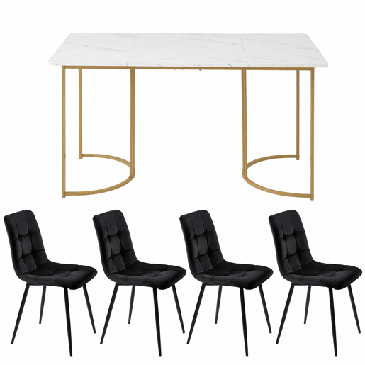 Conjunto de sala de jantar 140x80cm - Mesa de cozinha com 4 cadeiras, pernas metálicas douradas, MDF branco, cadeiras de veludo preto