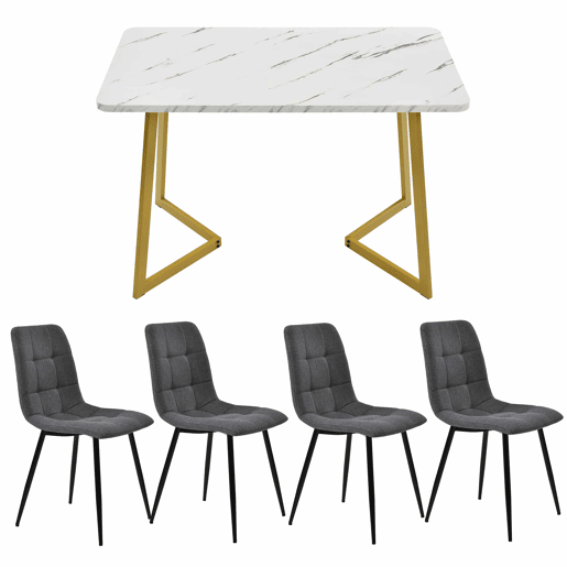 Conjunto de sala de jantar 117 cm - Mesa retangular moderna com 4 cadeiras de linho cinzento - Pernas douradas