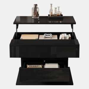 Mesa de centro elevável 70 x 70 x 45 cm - Mesa com superfície giratória 360°, 1 gaveta, alto brilho, preta