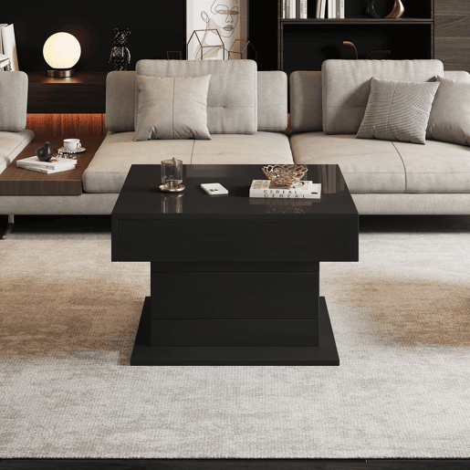 Mesa de centro elevável 70 x 70 x 45 cm - Mesa com superfície giratória 360°, 1 gaveta, alto brilho, preta