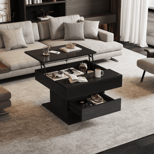 Mesa de centro elevável 70 x 70 x 45 cm - Mesa com superfície giratória 360°, 1 gaveta, alto brilho, preta