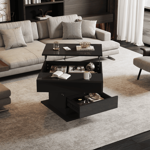 Mesa de centro elevável 70 x 70 x 45 cm - Mesa com superfície giratória 360°, 1 gaveta, alto brilho, preta