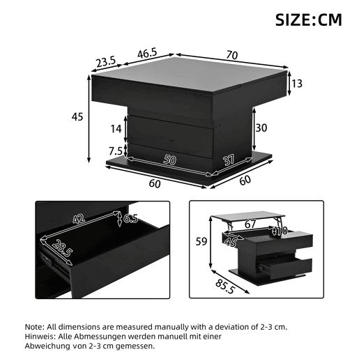 Mesa de centro elevável 70 x 70 x 45 cm - Mesa com superfície giratória 360°, 1 gaveta, alto brilho, preta