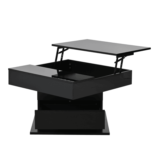 Mesa de centro elevável 70 x 70 x 45 cm - Mesa com superfície giratória 360°, 1 gaveta, alto brilho, preta