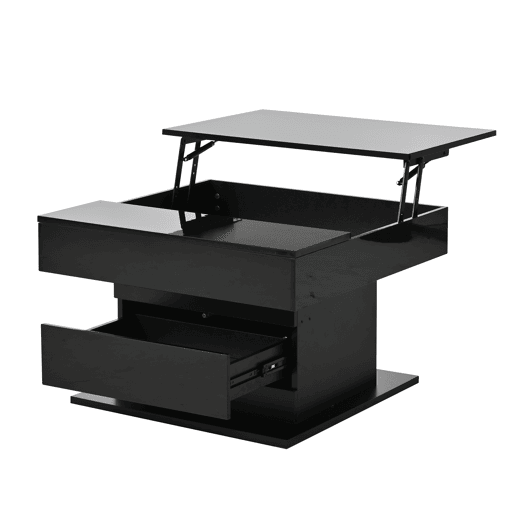 Mesa de centro elevável 70 x 70 x 45 cm - Mesa com superfície giratória 360°, 1 gaveta, alto brilho, preta