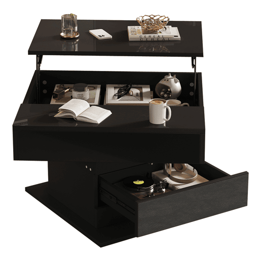 Mesa de centro elevável 70 x 70 x 45 cm - Mesa com superfície giratória 360°, 1 gaveta, alto brilho, preta