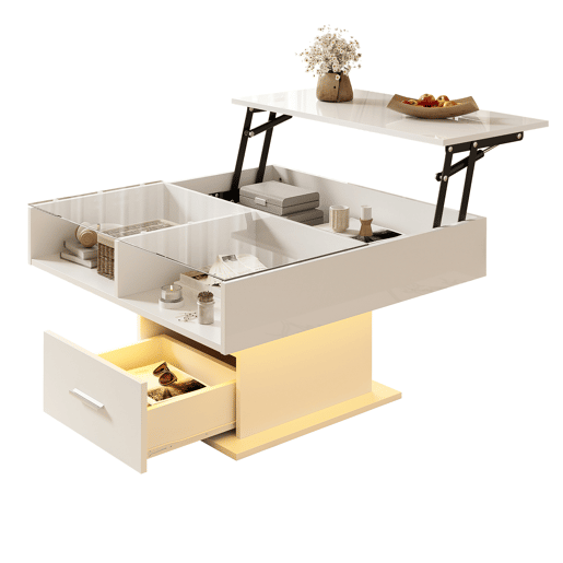 Mesa de centro elevável u2013 com iluminação LED, altura ajustável, design moderno u2013 Branco