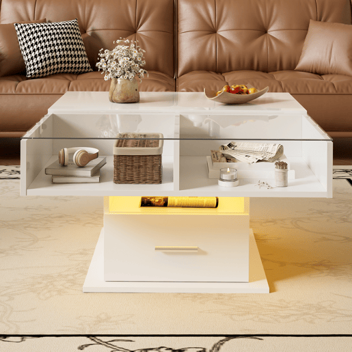 Mesa de centro elevável u2013 com iluminação LED, altura ajustável, design moderno u2013 Branco