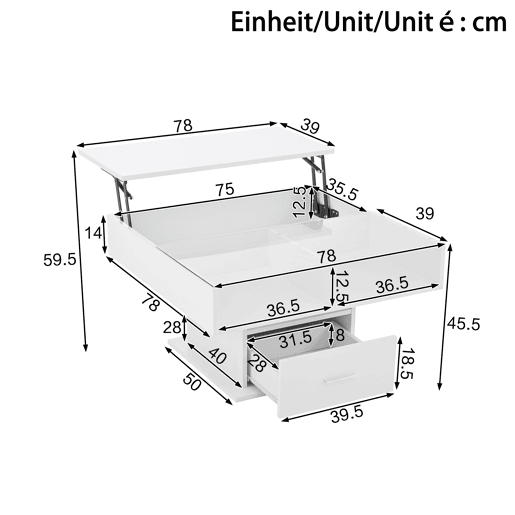Mesa de centro elevável u2013 com iluminação LED, altura ajustável, design moderno u2013 Branco