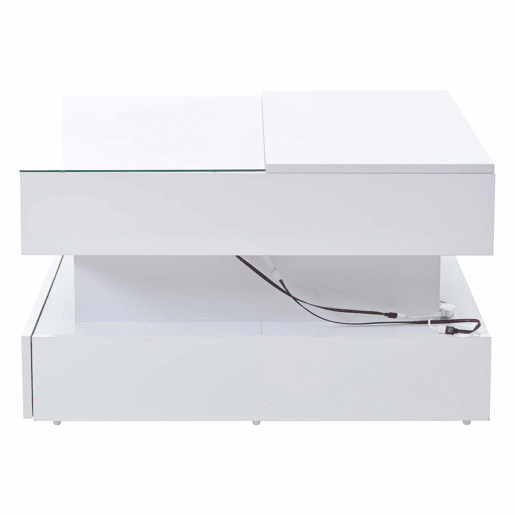 Mesa de centro elevável 80x80x45 cm - Com arrumação oculta, 2 gavetas, LED, vidro temperado - Branco Mesa de centro elevável 80x80x45 cm - Com arrumação oculta, 2 gavetas, LED, vidro temperado - Branco