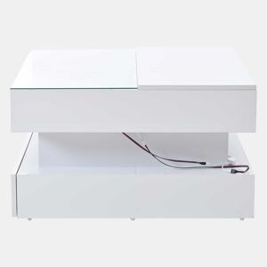 Mesa de centro elevável 80x80x45 cm - Com arrumação oculta, 2 gavetas, LED, vidro temperado - Branco