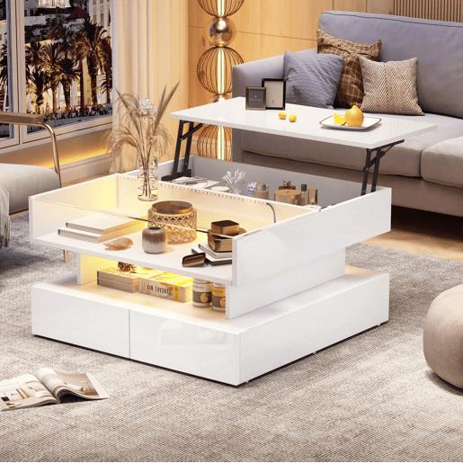 Mesa de centro elevável 80x80x45 cm - Com arrumação oculta, 2 gavetas, LED, vidro temperado - Branco Mesa de centro elevável 80x80x45 cm - Com arrumação oculta, 2 gavetas, LED, vidro temperado - Branco