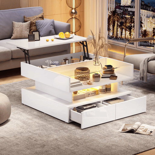 Mesa de centro elevável 80x80x45 cm - Com arrumação oculta, 2 gavetas, LED, vidro temperado - Branco Mesa de centro elevável 80x80x45 cm - Com arrumação oculta, 2 gavetas, LED, vidro temperado - Branco