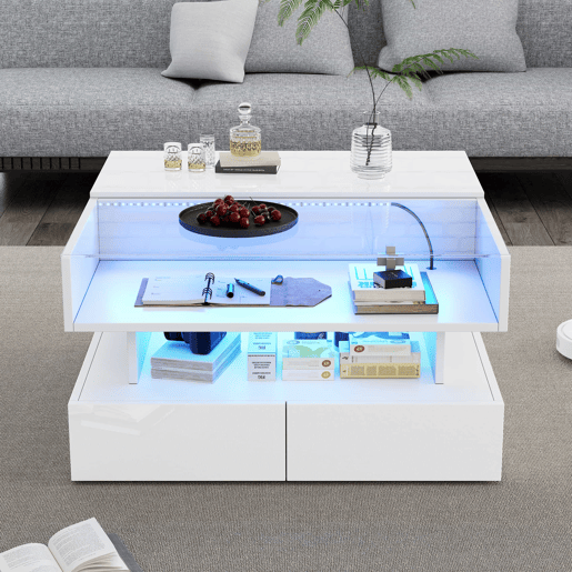 Mesa de centro elevável 80x80x45 cm - Com arrumação oculta, 2 gavetas, LED, vidro temperado - Branco Mesa de centro elevável 80x80x45 cm - Com arrumação oculta, 2 gavetas, LED, vidro temperado - Branco