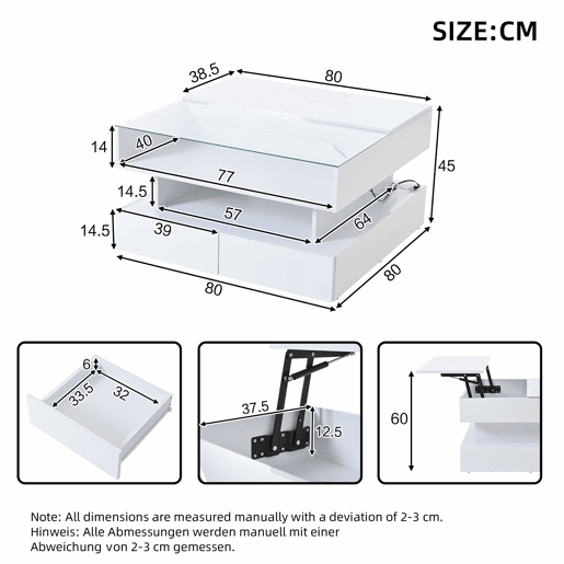 Mesa de centro elevável 80x80x45 cm - Com arrumação oculta, 2 gavetas, LED, vidro temperado - Branco Mesa de centro elevável 80x80x45 cm - Com arrumação oculta, 2 gavetas, LED, vidro temperado - Branco