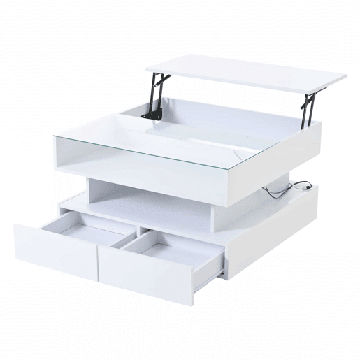 Mesa de centro elevável 80x80x45 cm - Com arrumação oculta, 2 gavetas, LED, vidro temperado - Branco Mesa de centro elevável 80x80x45 cm - Com arrumação oculta, 2 gavetas, LED, vidro temperado - Branco