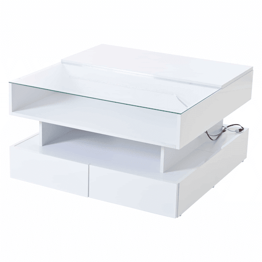 Mesa de centro elevável 80x80x45 cm - Com arrumação oculta, 2 gavetas, LED, vidro temperado - Branco Mesa de centro elevável 80x80x45 cm - Com arrumação oculta, 2 gavetas, LED, vidro temperado - Branco