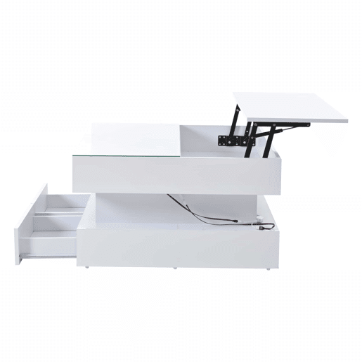 Mesa de centro elevável 80x80x45 cm - Com arrumação oculta, 2 gavetas, LED, vidro temperado - Branco Mesa de centro elevável 80x80x45 cm - Com arrumação oculta, 2 gavetas, LED, vidro temperado - Branco