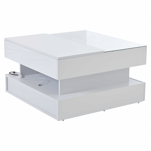 Mesa de centro elevável 80x80x45 cm - Com arrumação oculta, 2 gavetas, LED, vidro temperado - Branco Mesa de centro elevável 80x80x45 cm - Com arrumação oculta, 2 gavetas, LED, vidro temperado - Branco