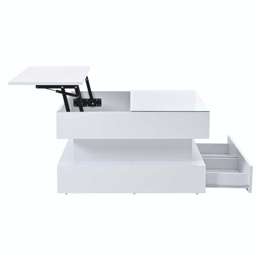 Mesa de centro elevável 80x80x45 cm - Com arrumação oculta, 2 gavetas, LED, vidro temperado - Branco Mesa de centro elevável 80x80x45 cm - Com arrumação oculta, 2 gavetas, LED, vidro temperado - Branco