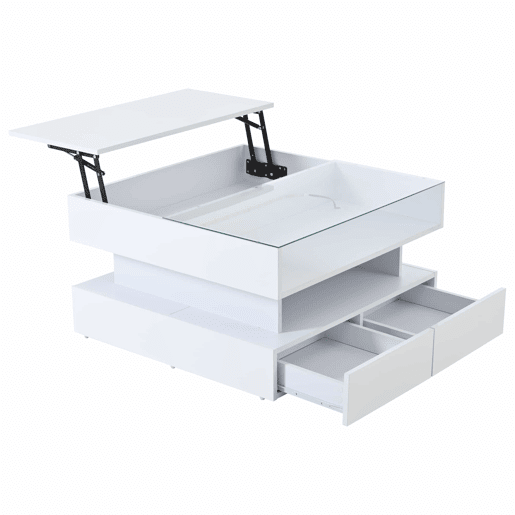 Mesa de centro elevável 80x80x45 cm - Com arrumação oculta, 2 gavetas, LED, vidro temperado - Branco Mesa de centro elevável 80x80x45 cm - Com arrumação oculta, 2 gavetas, LED, vidro temperado - Branco