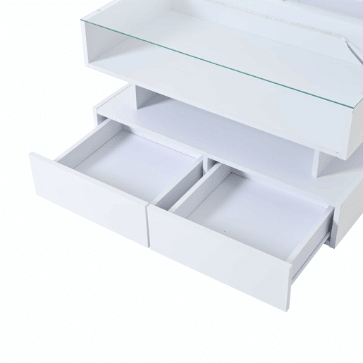 Mesa de centro elevável 80x80x45 cm - Com arrumação oculta, 2 gavetas, LED, vidro temperado - Branco Mesa de centro elevável 80x80x45 cm - Com arrumação oculta, 2 gavetas, LED, vidro temperado - Branco