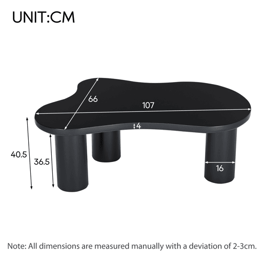 Mesa de centro 107x66x40,5 cm - formato de nuvem, MDF e pernas em PVC com feltro - Preto