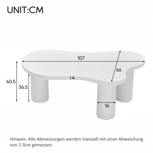 Mesa de centro 107x66x40,5 cm - design irregular em forma de nuvem, MDF e pernas em PVC - Branco