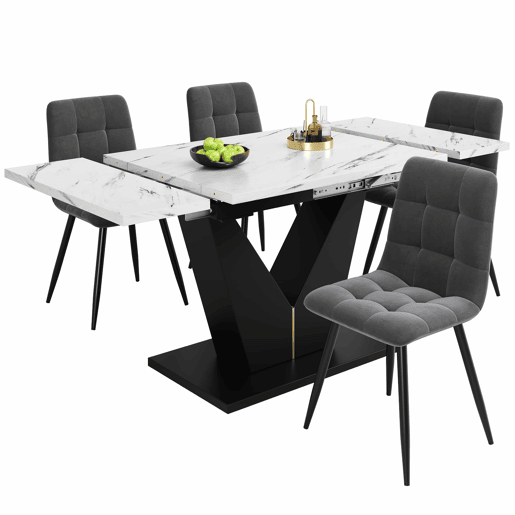 Conjunto de sala de jantar de 5 peças - Mesa em U com design moderno, pernas pretas, cadeiras em veludo cinzento - Multicolorido