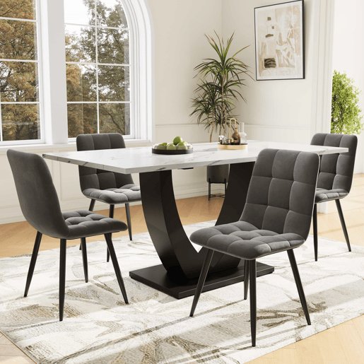 Conjunto de sala de jantar de 5 peças - Mesa em U com design moderno, pernas pretas, cadeiras em veludo cinzento - Multicolorido