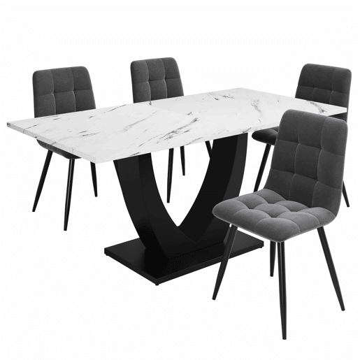 Conjunto de sala de jantar de 5 peças - Mesa em U com design moderno, pernas pretas, cadeiras em veludo cinzento - Multicolorido