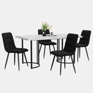 Conjunto de sala de jantar de 5 peças - Mesa 140×80 cm com 4 cadeiras de veludo preto - Branco