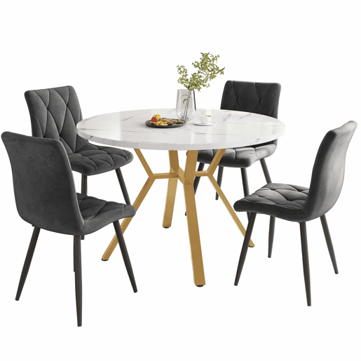 Conjunto de mesa e cadeiras de 5 peças - Mesa redonda de mármore, pernas metálicas douradas + 4 cadeiras ergonómicas de veludo cinza