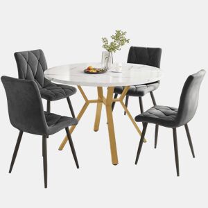 Conjunto de mesa e cadeiras de 5 peças - Mesa redonda de mármore, pernas metálicas douradas + 4 cadeiras ergonómicas de veludo cinza