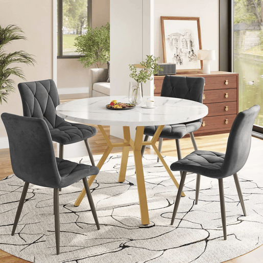 Conjunto de mesa e cadeiras de 5 peças - Mesa redonda de mármore, pernas metálicas douradas + 4 cadeiras ergonómicas de veludo cinza