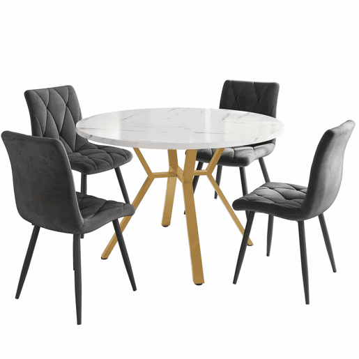 Conjunto de mesa e cadeiras de 5 peças - Mesa redonda de mármore, pernas metálicas douradas + 4 cadeiras ergonómicas de veludo cinza