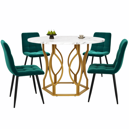 Conjunto de mesa e cadeiras 5 peças 100 cm - Mesa redonda com pernas metálicas douradas, cadeiras de veludo verde - Multicolor