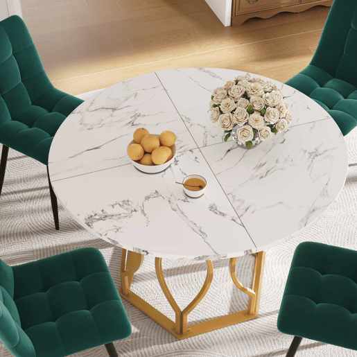 Conjunto de mesa e cadeiras 5 peças 100 cm - Mesa redonda com pernas metálicas douradas, cadeiras de veludo verde - Multicolor