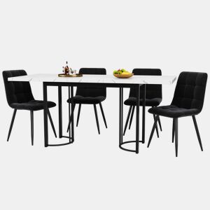 Conjunto de sala de jantar de 5 peças 140x80 cm - Mesa extensível com 4 cadeiras de veludo preto e branco - Metal