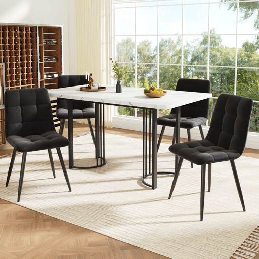 Conjunto de sala de jantar de 5 peças 140x80 cm - Mesa extensível com 4 cadeiras de veludo preto e branco - Metal