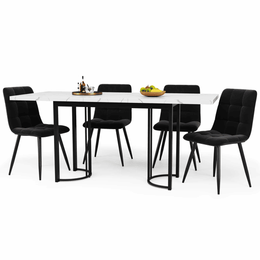 Conjunto de sala de jantar de 5 peças 140x80 cm - Mesa extensível com 4 cadeiras de veludo preto e branco - Metal